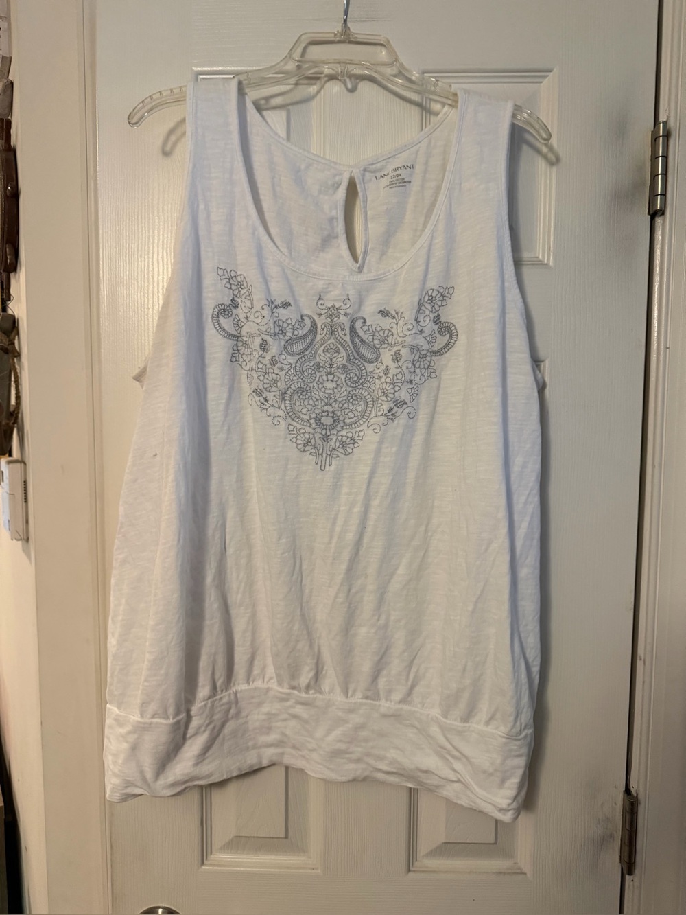 Lane Bryant White Tank Top with Gray Embroidered Motif